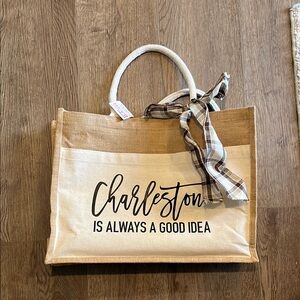 Charleston Canvas Straw Tote with Plaid Bow